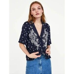 Zara Navy Bandana-Print Short Sleeve Button-Down Shirt